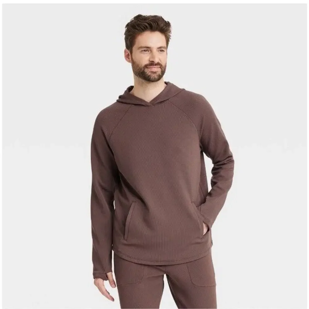 Heavy Waffle HOODED Sweatshirt All in Motion 2 pocket BROWN Thumbholes Sz Small